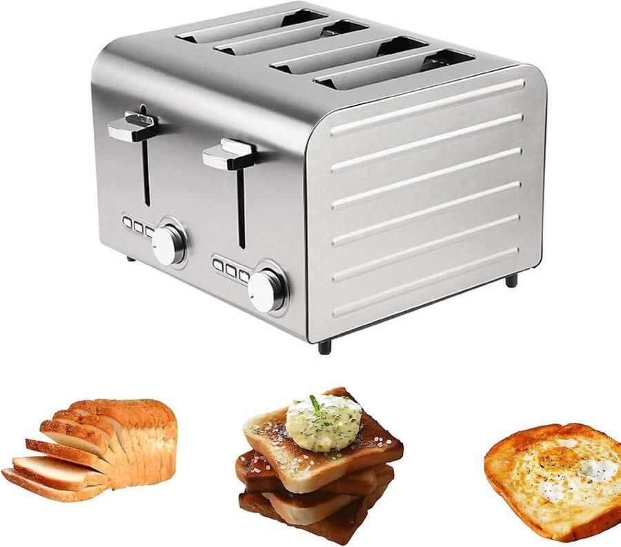 Broodrooster 4 6 Sneetjes Roestvrijstaal Toaster Snel Ontbijten Extra Brede Sleuven 3.8 cm Zilver