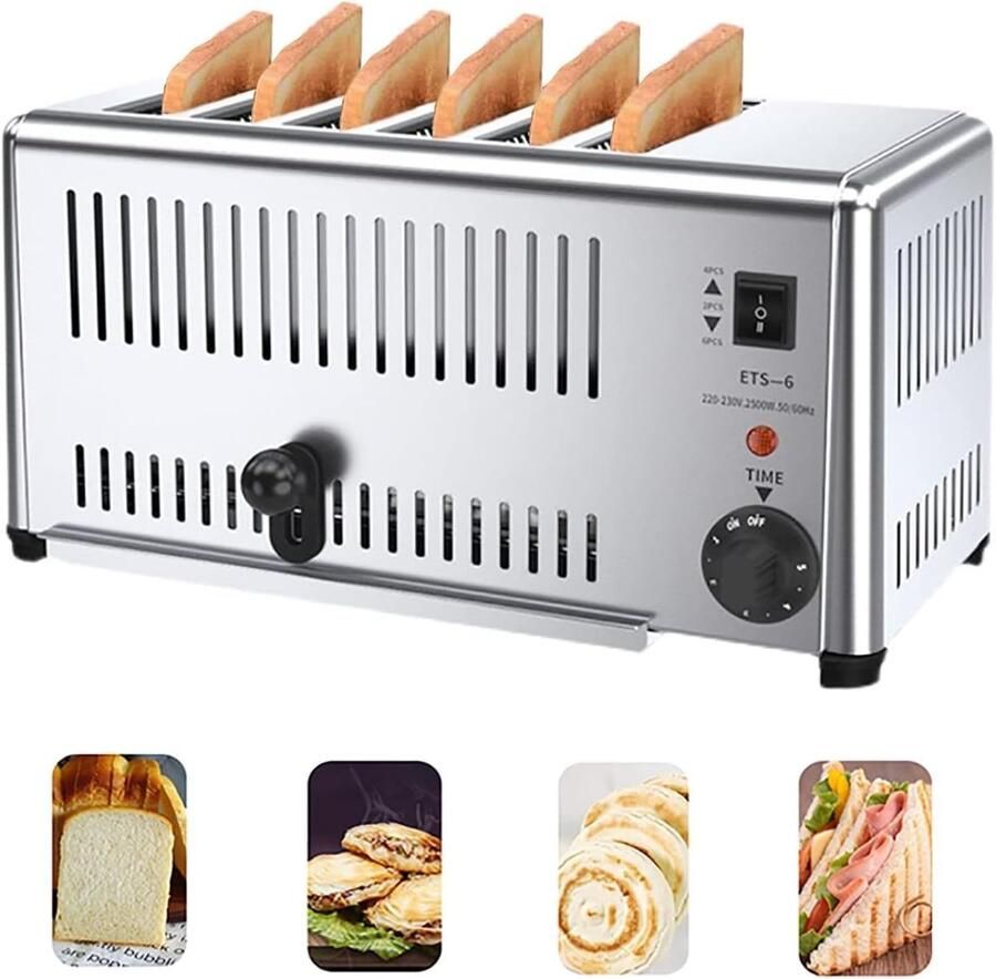 Broodrooster 6 sneetjes Toastapparaat Snel ontbijten Onafhankelijke sleufbediening 2500W Roestvrij staal
