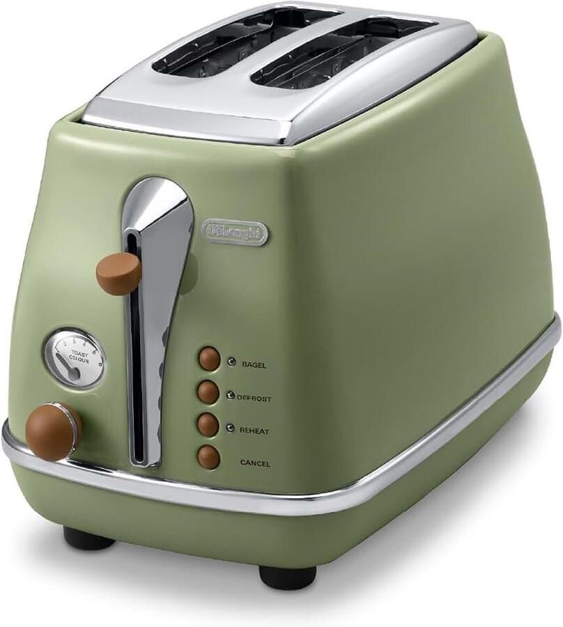 Broodrooster Icona Vintage Ctov2103.Bk 2-Sleuf-Broodrooster met Broodjes-Opzetstuk Roestvrij Staal In Elegante Retro-Look met Chroom-Details Groen