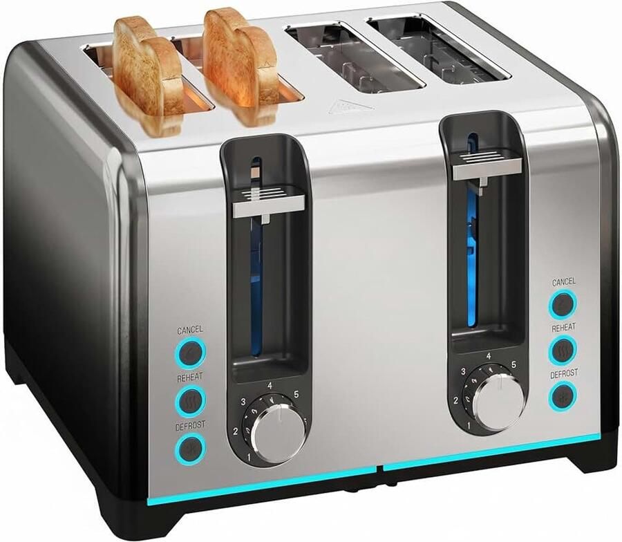 Broodrooster met 4 schijven met 7 bruiningsniveaus opwarm- ontdooi- en ontdooifunctie zelfcentrerende sleuven automatische uitschakeling uitneembare kruimellade 1860 W zwart