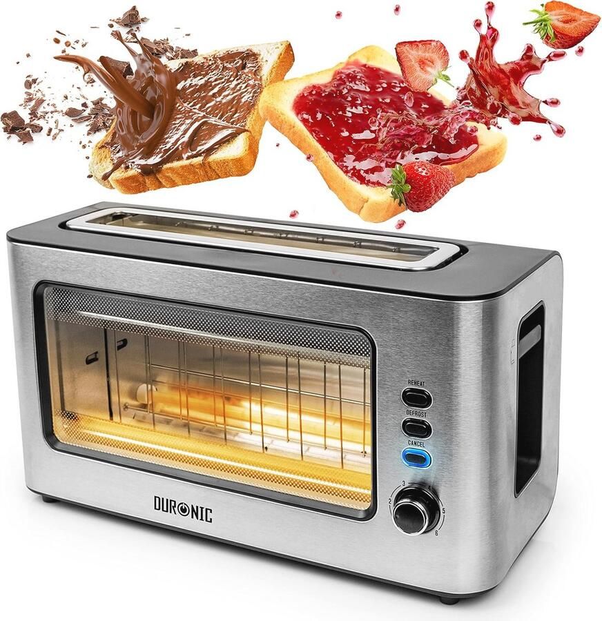 Broodrooster met Glazen Venster 1000W 2 Snedes Roestvrij Staal 6 Bruiningsniveaus