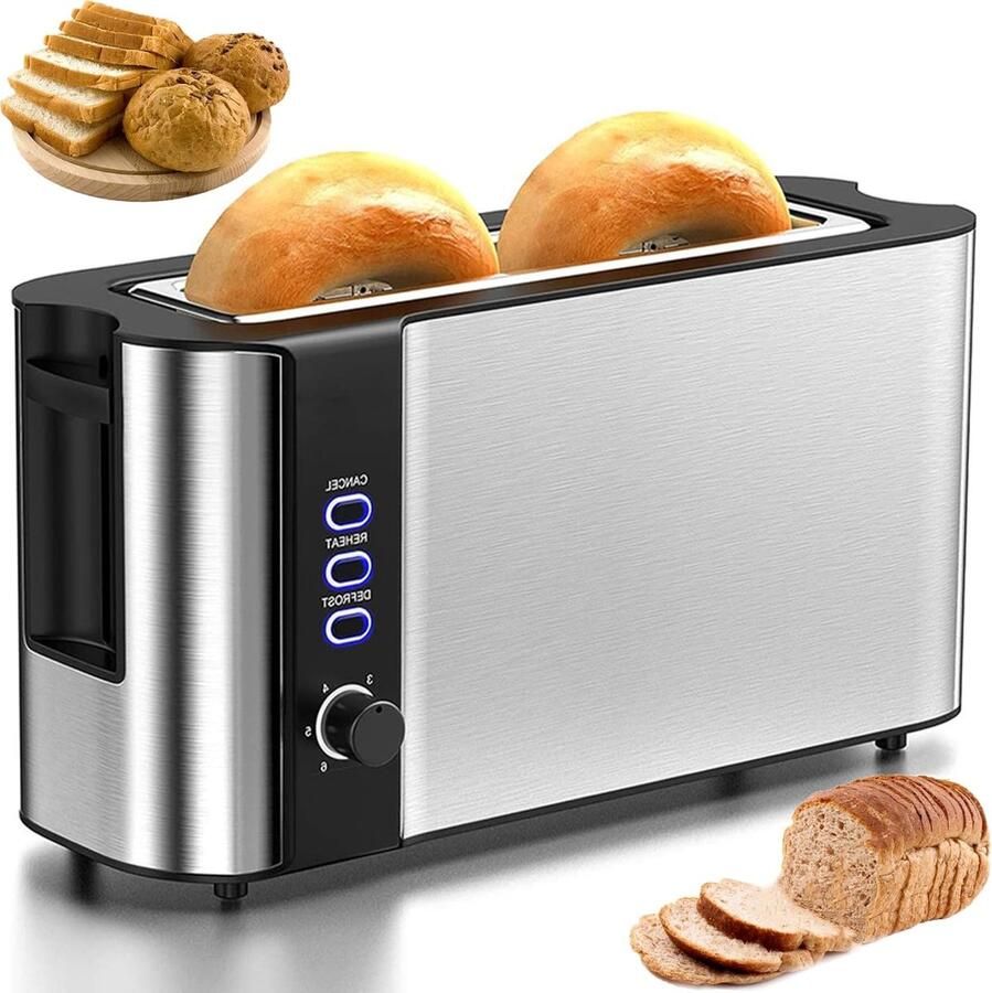 Broodrooster met Lange Sleuven Toast Apparaat Dubbele Wand Ontbijt Bereiden Extra Brede Sleuven 4 Sleuven Zilver