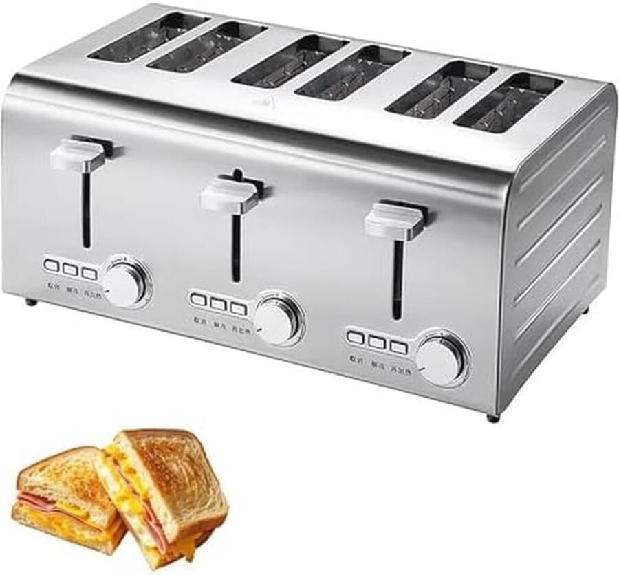 Broodrooster RVS 6-Slice Broodrooster Ontbijt Maken Extra Brede Sleuven 7 Bruiningsniveaus Zilverkleurig