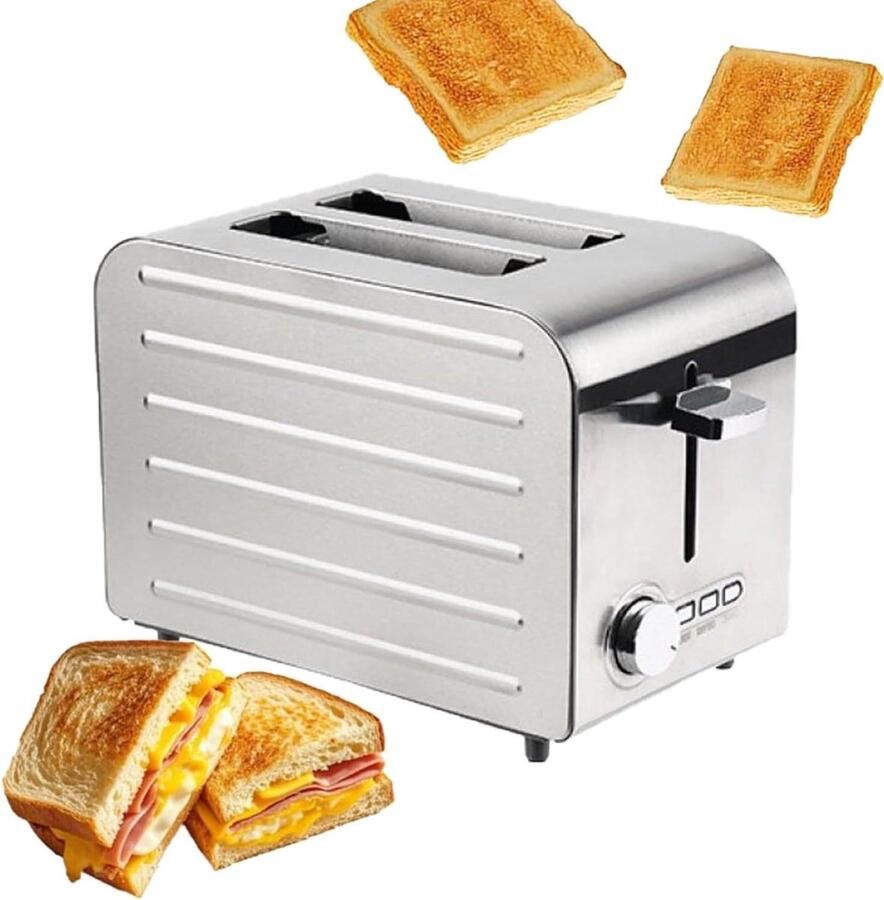 Broodrooster RVS Rooster Toastapparaat Ontbijt Bereiden 7 Bruiningsniveaus Brede Sleuven Zilver