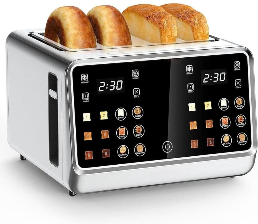 Broodrooster RVS Toaster 4 Sneetjes 6 Warmteniveaus Led display Roestvrij staal Uitschuifbare kruimellade Grijs