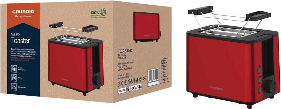 Broodrooster Toastapparaat Ontbijt Bereiden Variabele Bruining 2 Roostervakken Rood