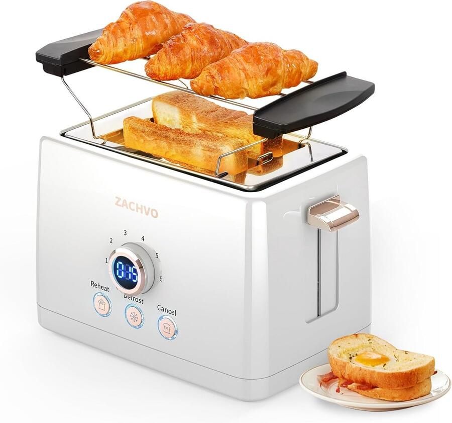 Broodrooster 2 sneden Toastapparaat Broodmaker Snel ontbijten Extra brede sleuven 6 bruiningsniveaus Wit - Foto 2