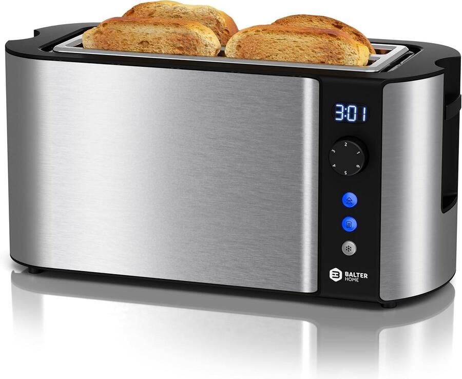 Broodrooster voor 4 sneetjes met lange sleuf en LCD-display