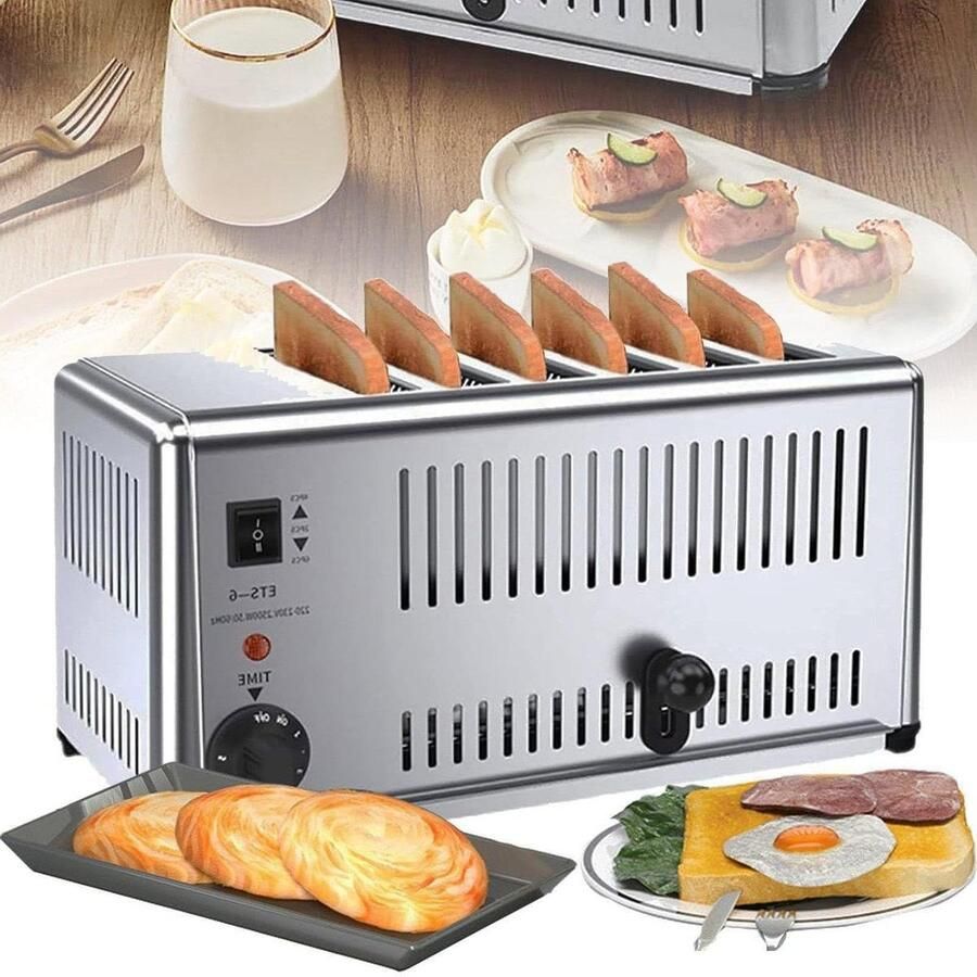 Zesdelige Broodrooster Commerciële Toaster Ontbijt Bereiden Extra Brede Sleuven 6 Sneetjes Roestvrijstaal