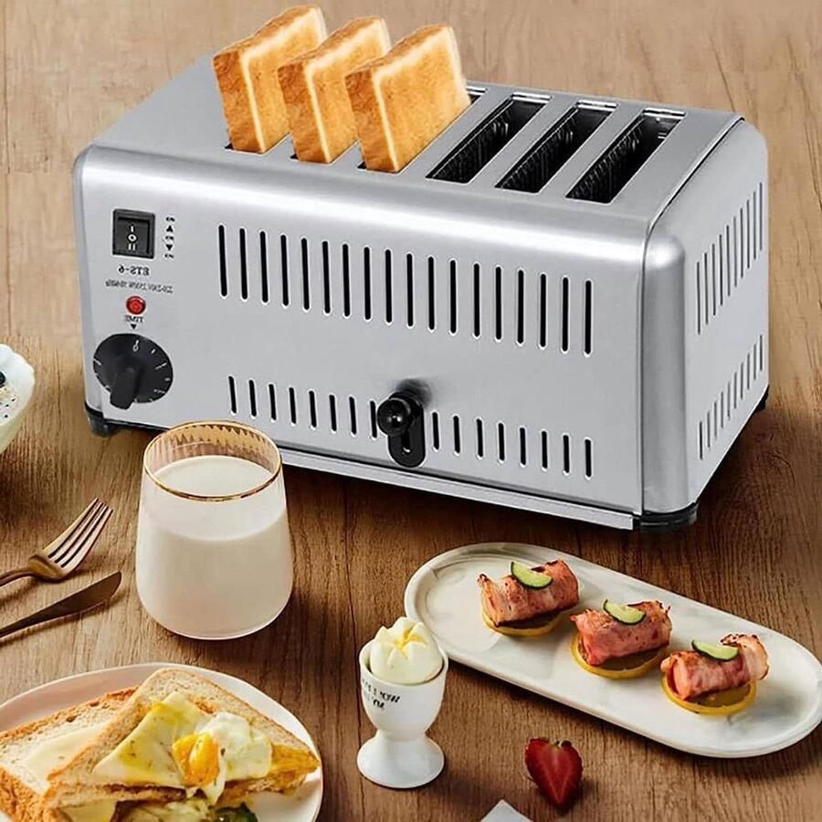 Broodrooster Zes Sneden Commerciële Toaster Ontbijt Bereiden Extra Brede Sleuven 5 Snelheden Zilverkleurig