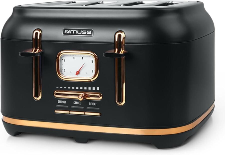 Broodrooster Zwart 4 Sneden Roestvrij Staal met Analoge Weergave Voor Retro Keuken