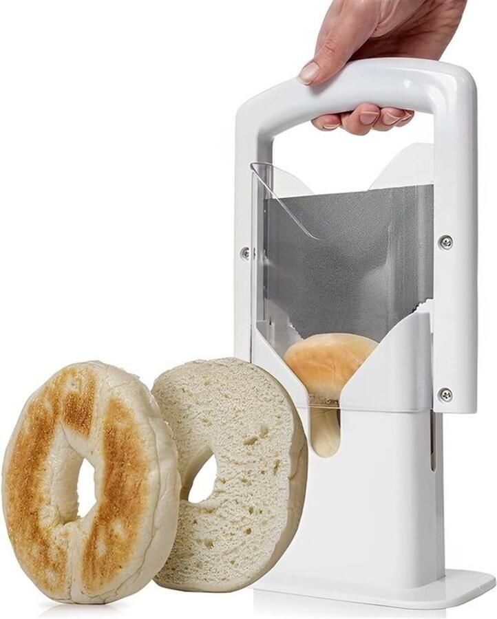 Broodsnijder met veiligheidshandvat Roestvrijstalen snijder Universele snijder gebruiksvriendelijke keukensnijder in guillotinestijl draagbare brood- muffin- en bagelsnijder 24x18x10 5 cm wit