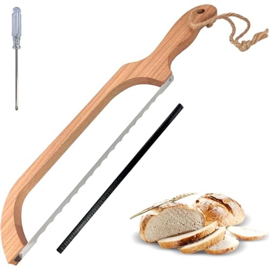Broodsnijmachine voor zelfgemaakt brood – Houten zuurdesembroodmes 40 6 cm met boogontwerp en roestvrijstalen gekartelde zaag