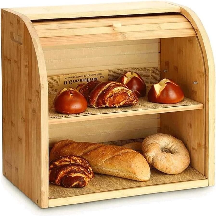 Broodtrommel 2-laags Broodhouder Keuken Brood Vers Houden Multifunctioneel Bamboe 38x25x36.5cm Geel