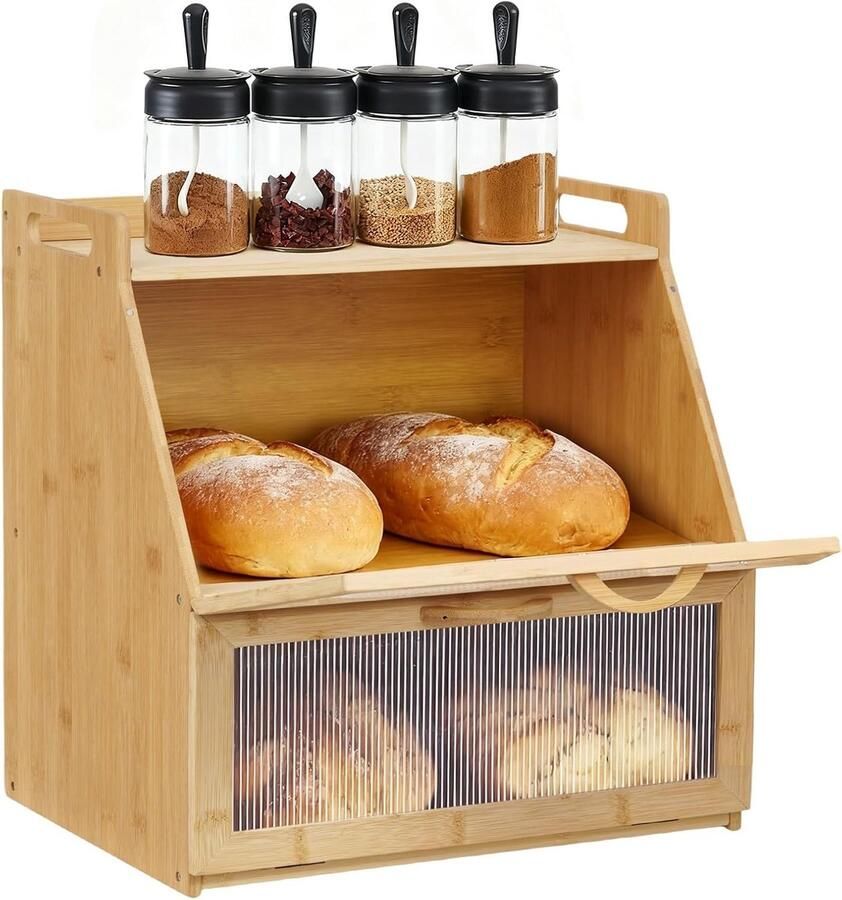 Broodtrommel Bamboe Broodbox Keuken Brood Bewaren Dubbele Opslag 38 cm Breed Natuurlijk Hout