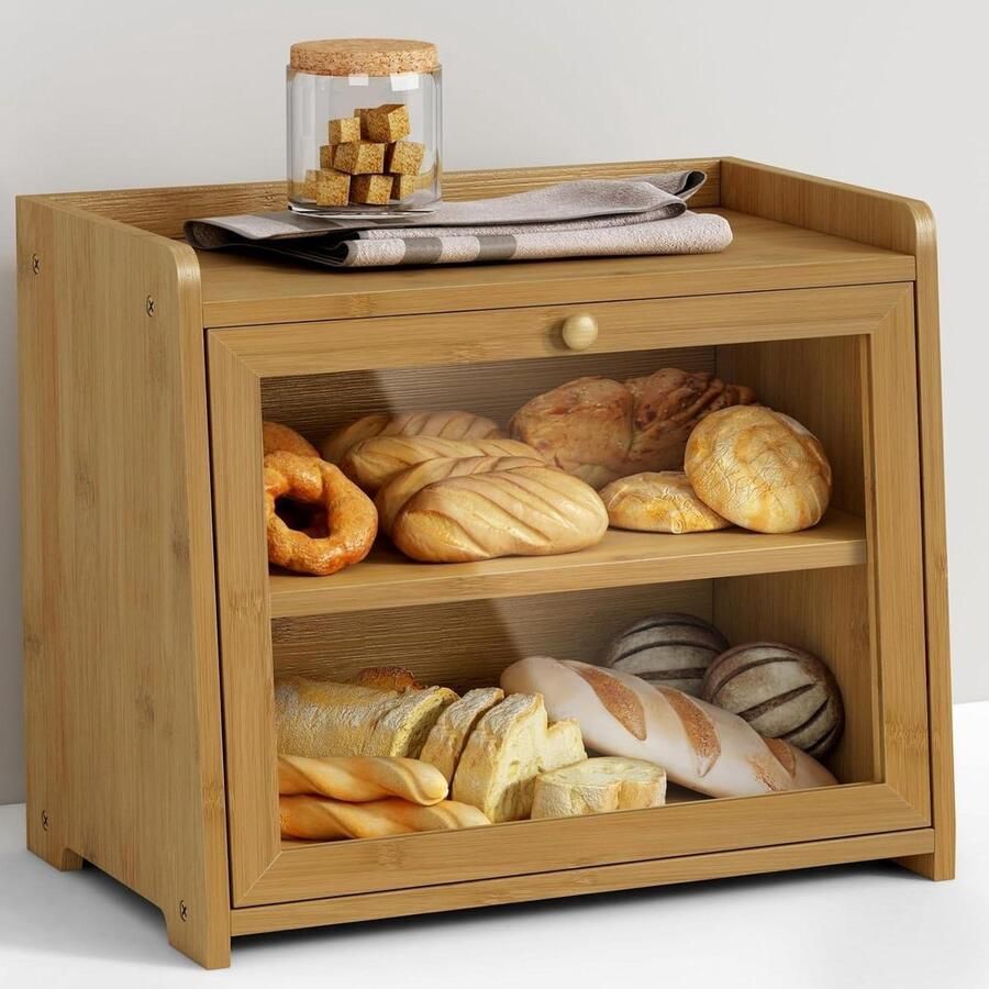 Broodtrommel Bamboe Brooddoos Hout Brood Vers Houden Dubbele Etages 40 x 25 x 33.5 cm Natuurlijk