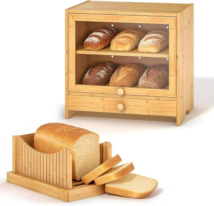 Broodtrommel Bamboe Brooddoos Keuken Brood Vers Houden Dubbele Verdieping 38.5x25x36 cm Natuurlijk Bamboe