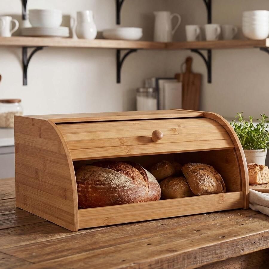 Broodtrommel Bamboe Broodmand Keuken Brood Vers Houden Bovenkant Als Plank 17x40x28 cm Beige