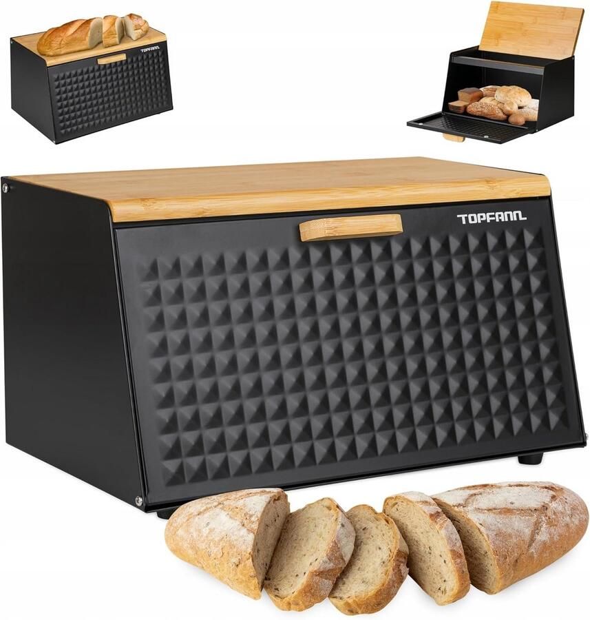 Broodtrommel Bamboe Broodmand Metaal Brood Vers Houden Dubbele Deur Toegang 35.5cm Breed Zwart