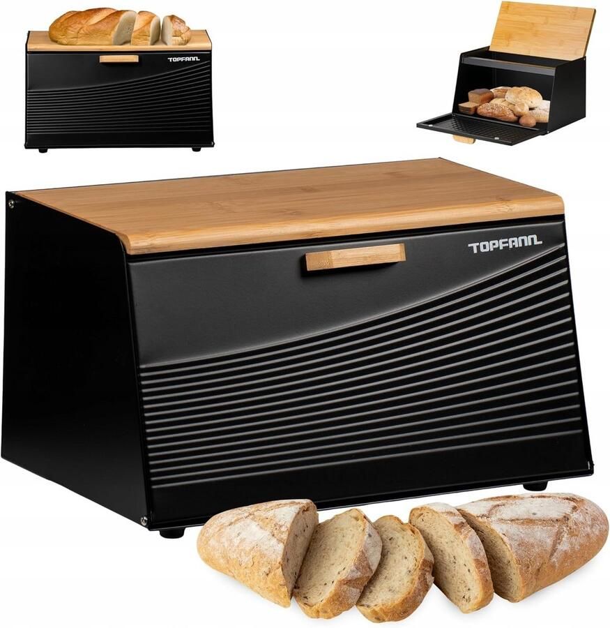 Broodtrommel Bamboe Broodmand Metaal Vers Houden Brood Dubbele Deksel 35x21x21 cm Zwart