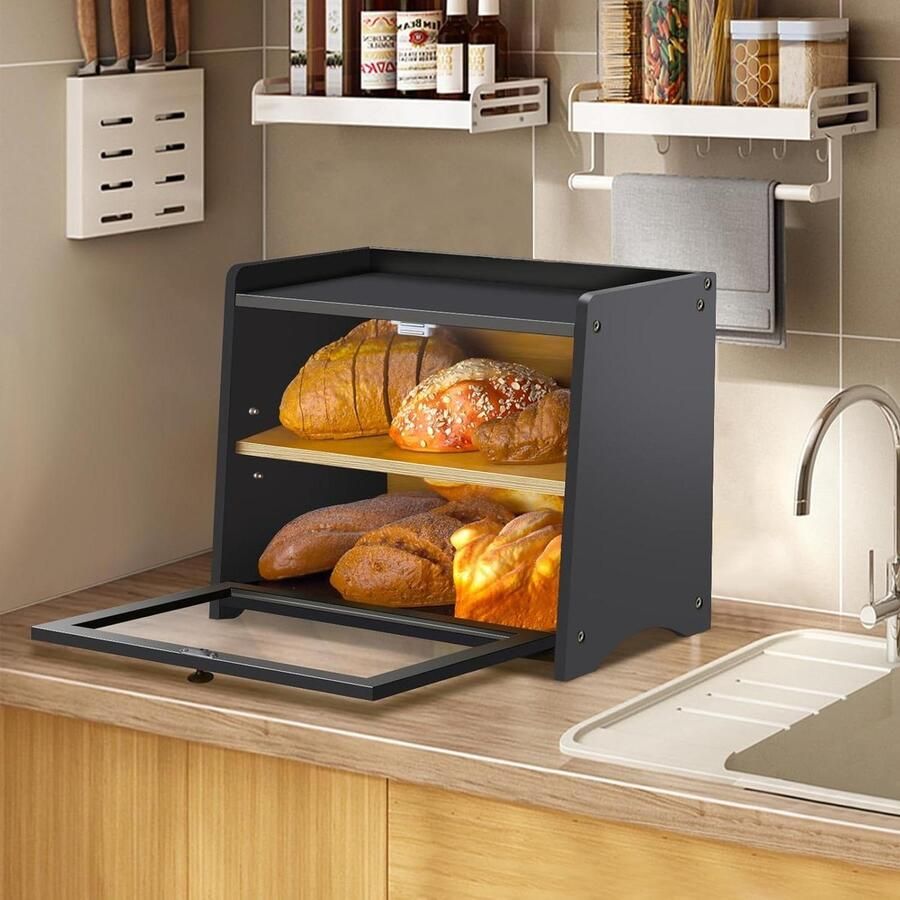 Broodtrommel Bamboe Houten Opberger Brood Vers Houden Ventilatie Gaten 2 Lagen Zwart