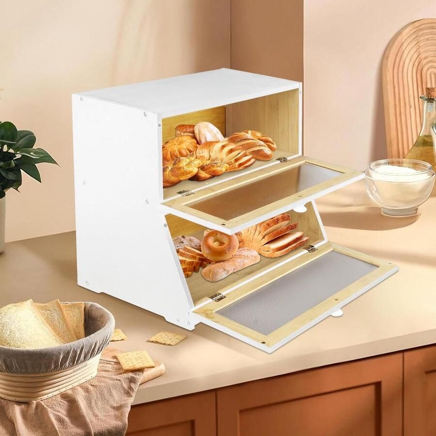 Broodtrommel Bamboe Keuken Opbergdoos Brood Vers Houden Dubbele Laag 33 x 25 x 40 cm Wit