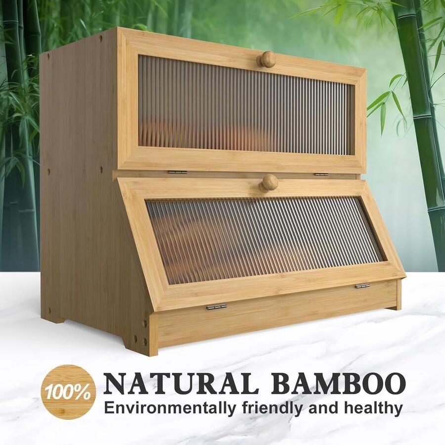 Broodtrommel Bamboe Keuken Opberger Brood Bewaren Dubbele Laag 39x25x32cm Natuurlijk
