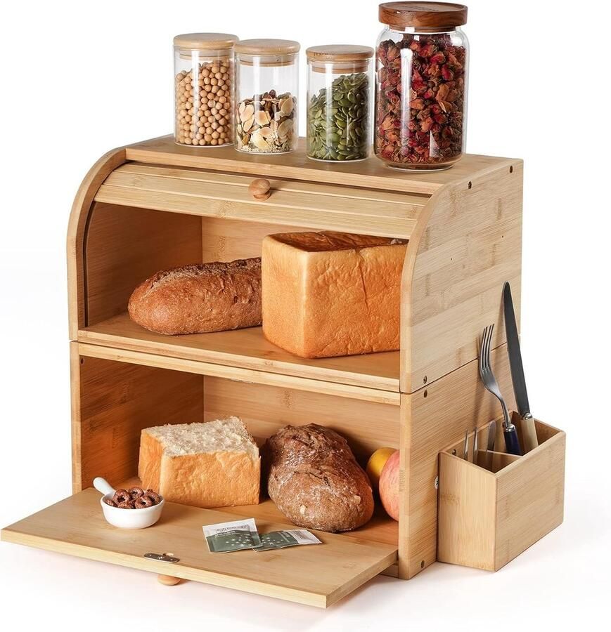 Broodtrommel Bamboe Keuken Opberger Brood Vers Houden Dubbellaags Ontwerp 38x25x36cm Natuurlijk