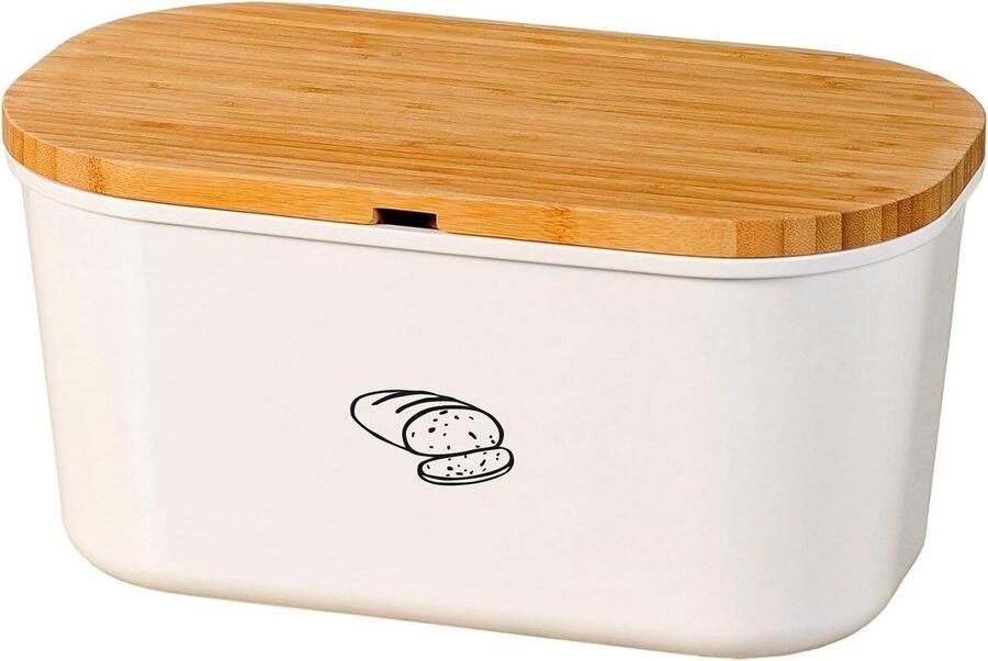Broodtrommel Bamboe Keuken Opberger Brood Vers Houden Met Snijplank 37 x 18 cm Wit Bruin