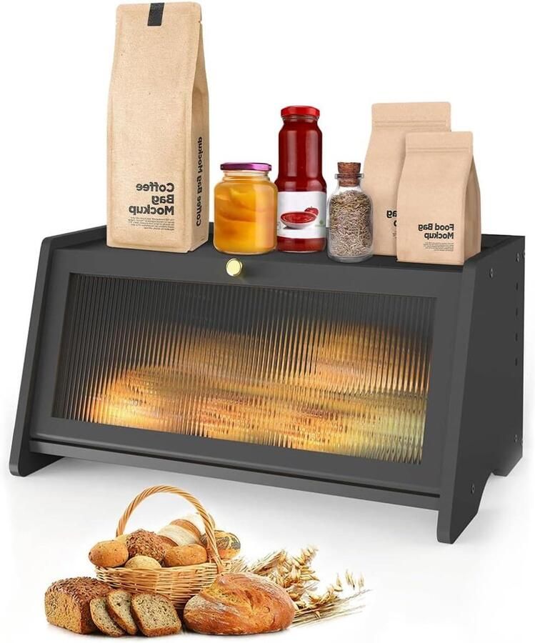 Broodtrommel Keuken organizer Voedsel bewaren Ventilatie en zichtvenster 40x25x20cm Zwart