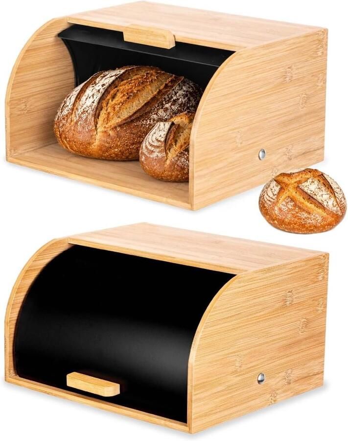 Broodtrommel Bamboe Staal Broodbox Keuken Brood Vers Houden Ruimtebesparend Design 31 x 28 x 18 cm