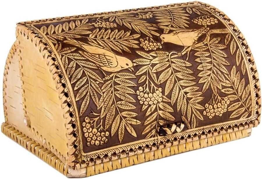 Broodtrommel Berkenschors Brooddoos Keuken Brood Vers Houden Handgemaakt Vogelpatroon 25x21x14 cm Natuurlijk