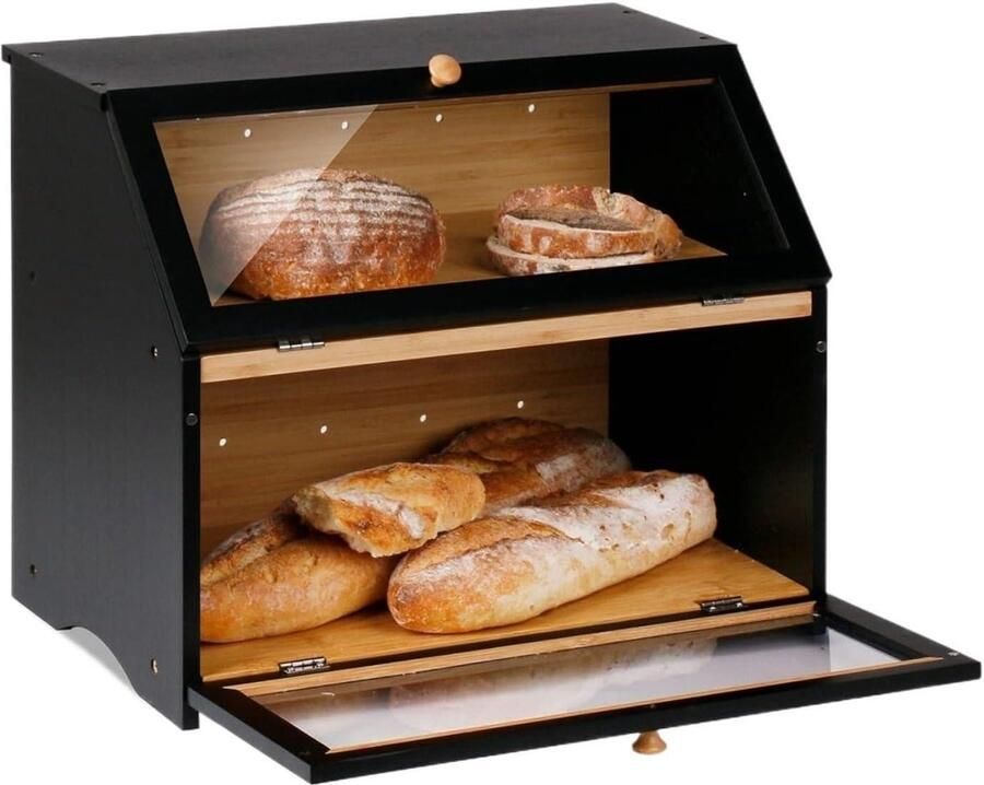 Broodtrommel Dubbeldeks Broodopslag Keuken Brood Vers Houden Transparant Glazen Venster 38.9x32cm Zwart
