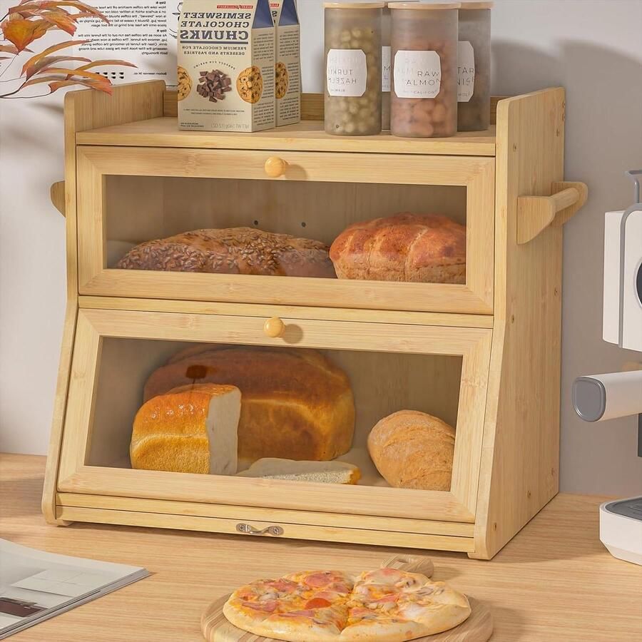 Broodtrommel Hout Bamboe Brooddoos Opslag Brood Vers Houden Dubbele Etages 40 x 38 cm Natuurlijk
