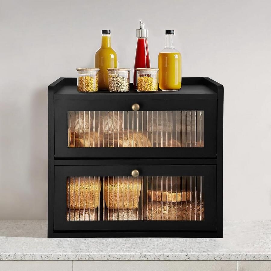 Broodtrommel Hout Broodbox Opbergbox Brood Bewaren Dubbele Etages 368 cm Zwart