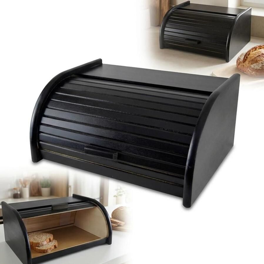 Broodtrommel Hout Brooddoos Opslag Brood Bewaren Traditioneel Ontwerp 40x29x18 cm Zwart