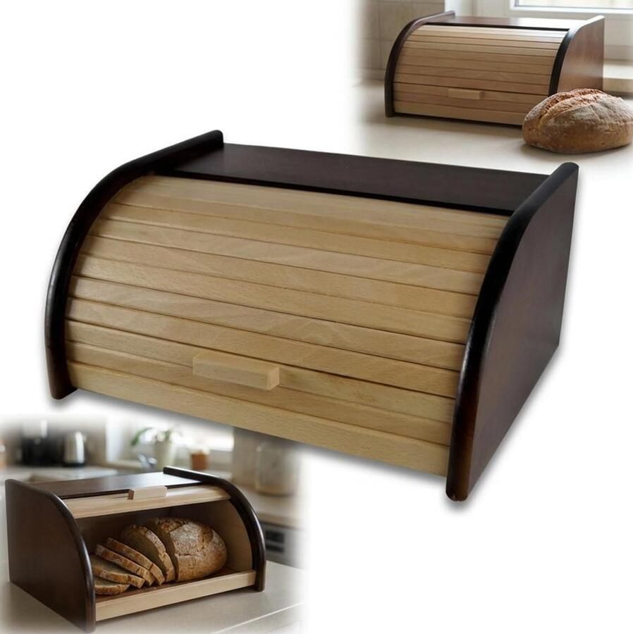 Broodtrommel Hout Brooddoos Opslag Brood Bewaren Tweekleurig Design 40x29x18 cm Nootkleur