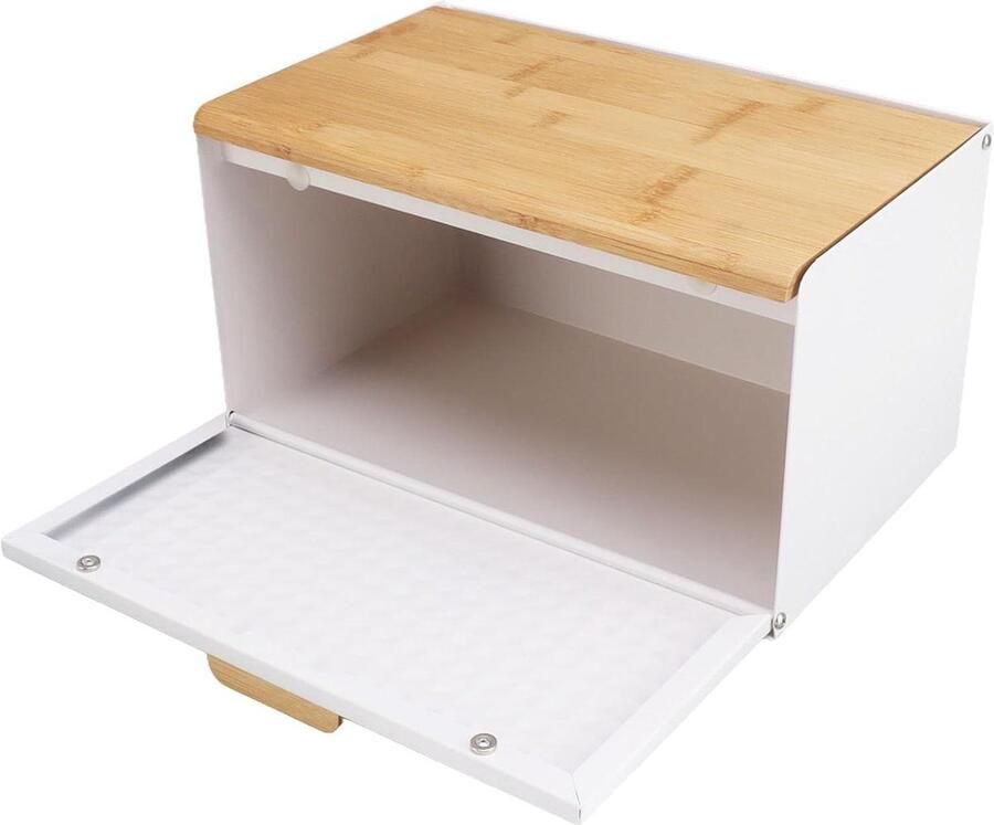 Broodtrommel Houten Broodbox Keuken Brood Vers Houden Grote Opslagruimte 35.5x21.5x20cm Wit