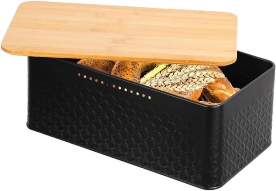 Broodtrommel Keuken Opslag Broodbewaarcontainer Houder Keuken Netjes Houden Bamboe Deksel Snijplank 33x18x13.5 cm Zwart