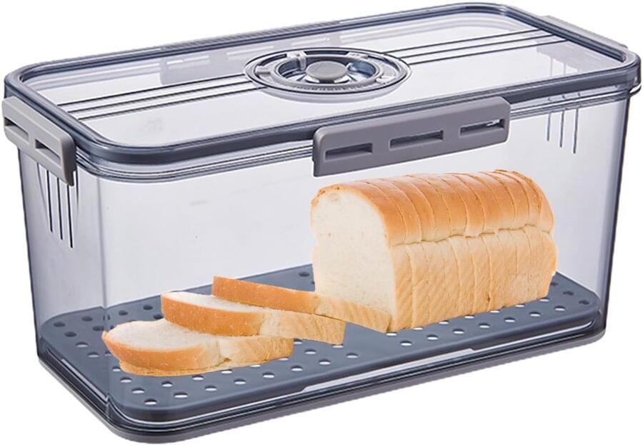 Broodtrommel Luchtdicht Brooddoos Vers Keuken Opbergen Instelbaar Luchtventiel 335 x 185 x 12 cm Grijs