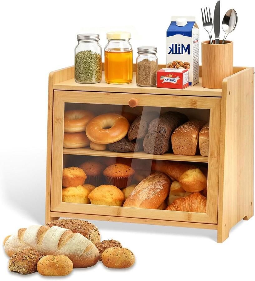 Broodtrommel met 2 etages Brooddoos opbergdoos Brood vers houden Venster van gehard glas Large 39cm