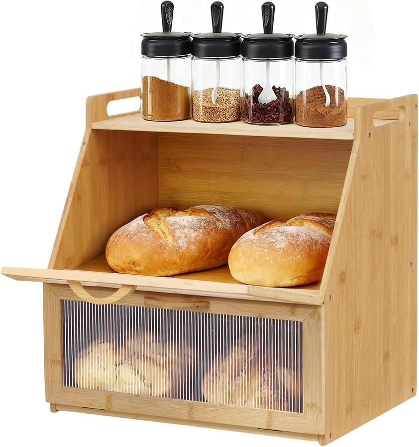 Broodtrommel met 2 lagen Keuken organizer Brood bewaren Ventilatie en magnetische sluiting 378 cm Natuurlijk hout