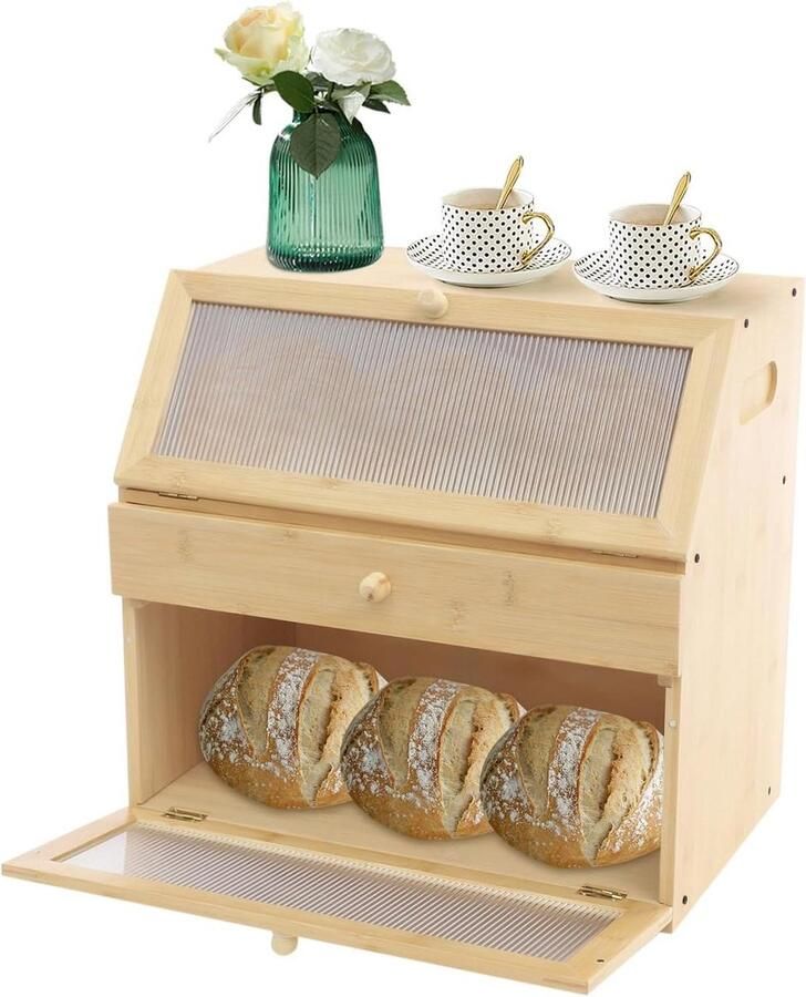 Broodtrommel met 2 niveaus Brooddoos Keuken Brood Bewaren Ruimtebesparend Ontwerp 40 x 25 x 38 cm
