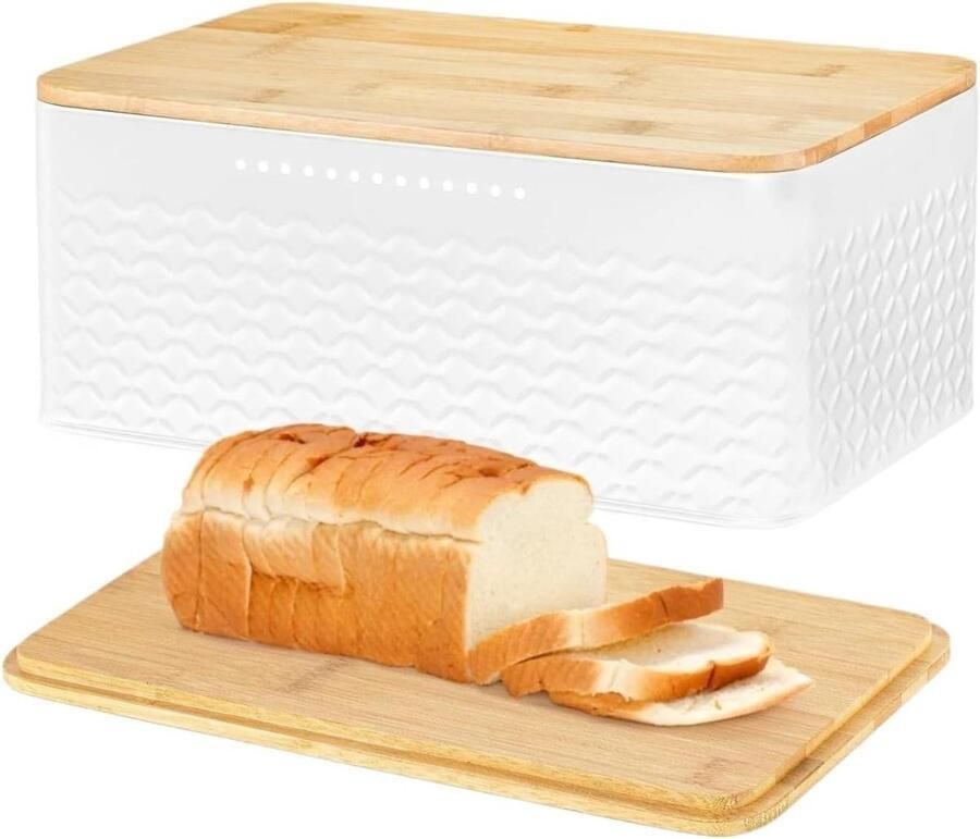 Broodtrommel Met Bamboe Deksel Broodbak Voedselcontainer Brood Vers Houden Deksel Als Snijplank 33x18x13.5cm Wit