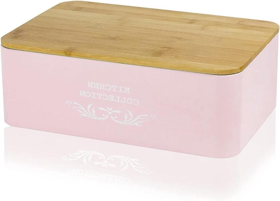 Broodtrommel met bamboedeksel Brooddoos metaal Brood bewaren Met snijplankdeksel 35 x 23 cm Roze