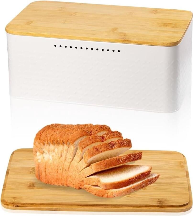 Broodtrommel met deksel Brood opberger Brood vers houden Geïntegreerde snijplank 2250 ml Wit