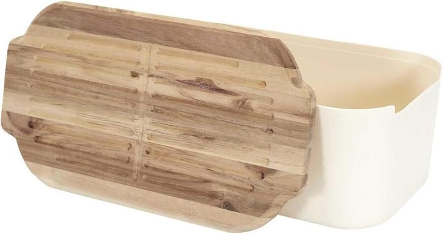 Broodtrommel met Houten Deksel Brooddoos Keuken Brood Vers Houden Met Snijplank Functie 30x20 cm Wit Bruin