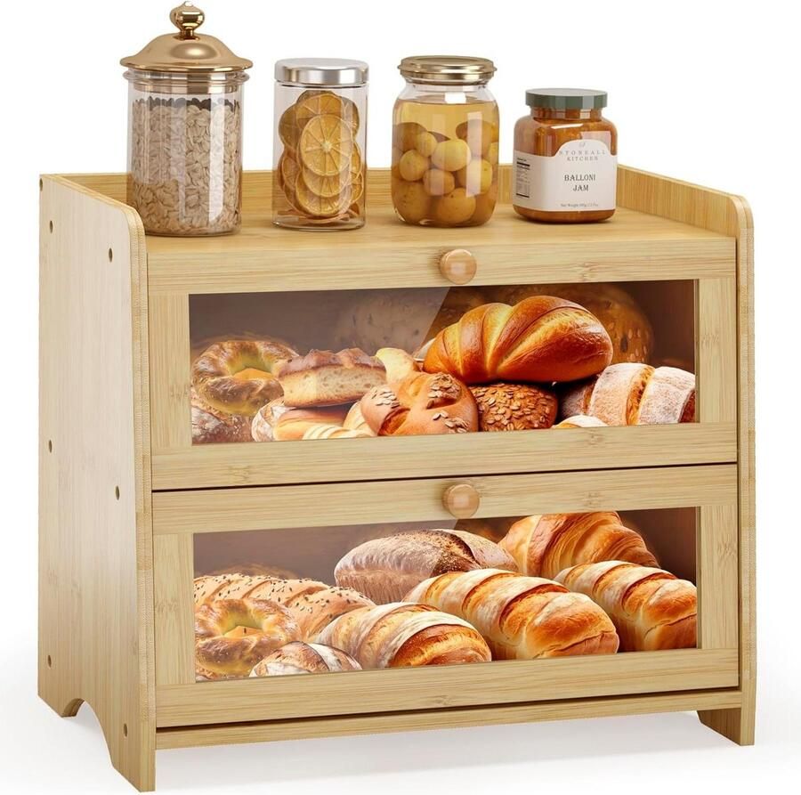 Broodtrommel met Ramen Broodhouder Bak Brood Vers Houden Dubbellaags Bamboe 30 Liter Natuurlijke Bamboe