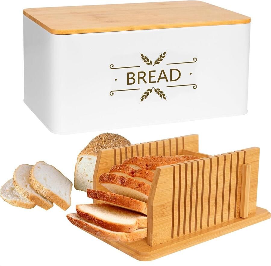 Broodtrommel met snijmachine Broodhouder bewaardoos Brood bewaren snijden 3-in-1 functie bamboe 327 cm Wit