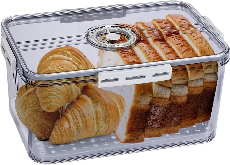 Broodtrommel met Timer Brooddoos Keuken Voedsel Vers Houden Met Tijdregistratie Knop 32.5x22.5x15.5 cm Grijs Transparant